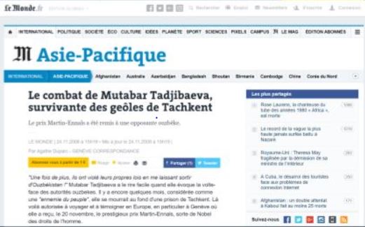 LE MONDE: Le combat de Mutabar Tadjibayeva, survivante des geôles de Tachkent